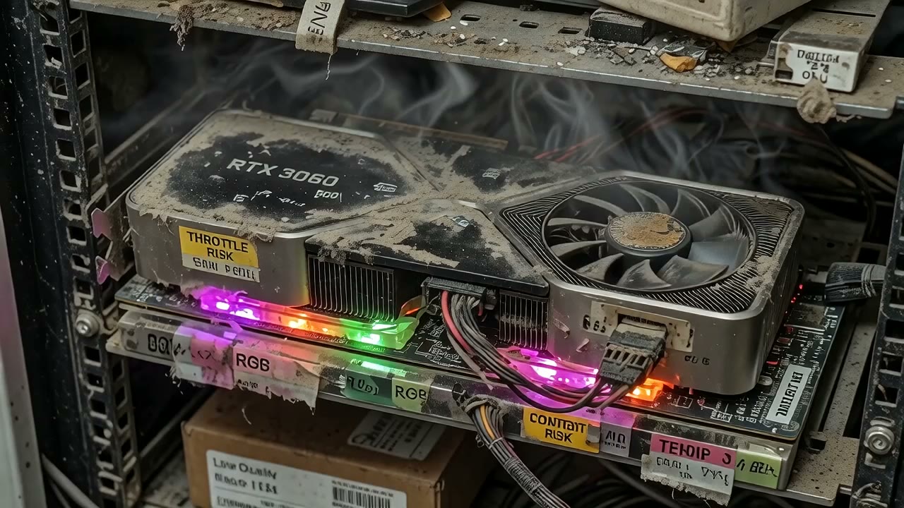 Close-up of an overworked GPU in a dirty slop shop rack