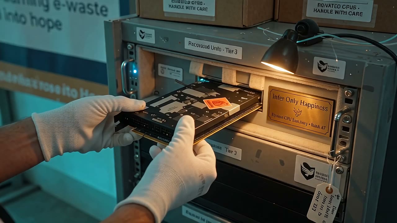 Hands installing a GPU beside an Infer Only Happiness plaque